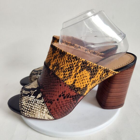 Gibson Latimer Snakeskin Goat Leather Size 9 Open Toe Block Heels Brown Yellow - Picture 2 of 12